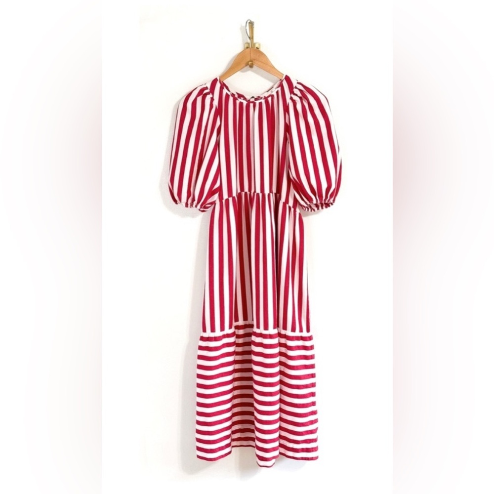 THE GREAT. Striped Red and White Midi Dress - Picture 3 of 8